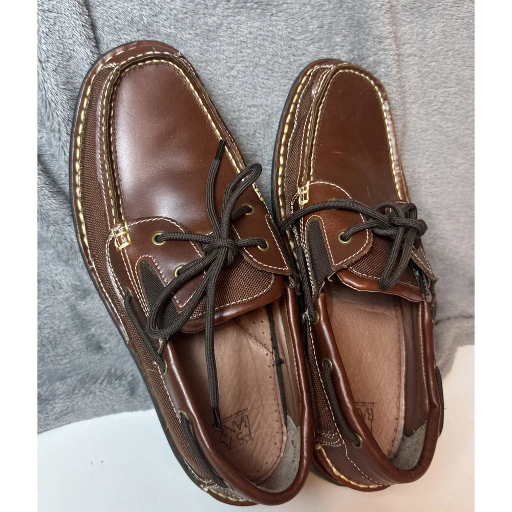 Jos. A. Bank Mens Brown Leather Boat Loafer Shoes Lace Up Rubber Sole SlipOn 9.5